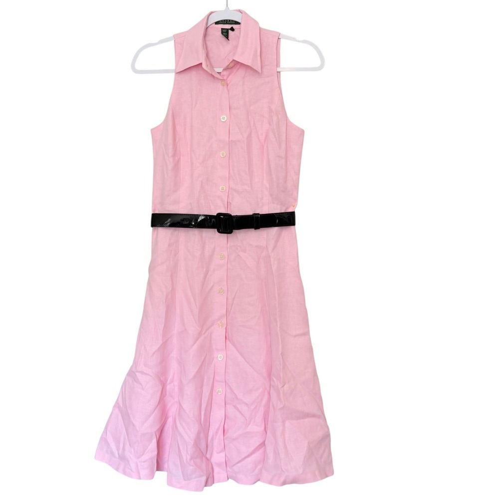 Lauren Ralph Lauren Pink Linen Shirt Dress 4 Quiet Luxury Coquette Preppy Belted